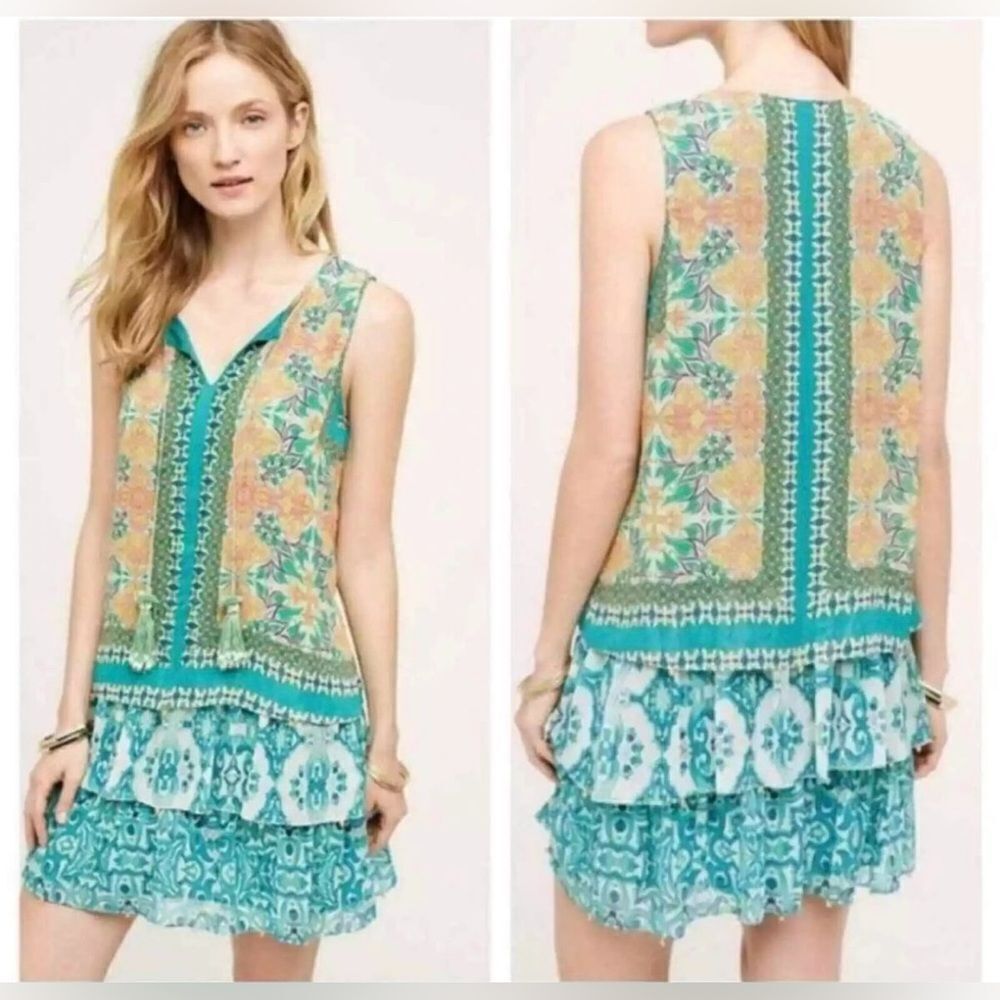 Hemant & Nandita silk/ viscose Sleeveless Floral Dress - Teal and Orange, XS